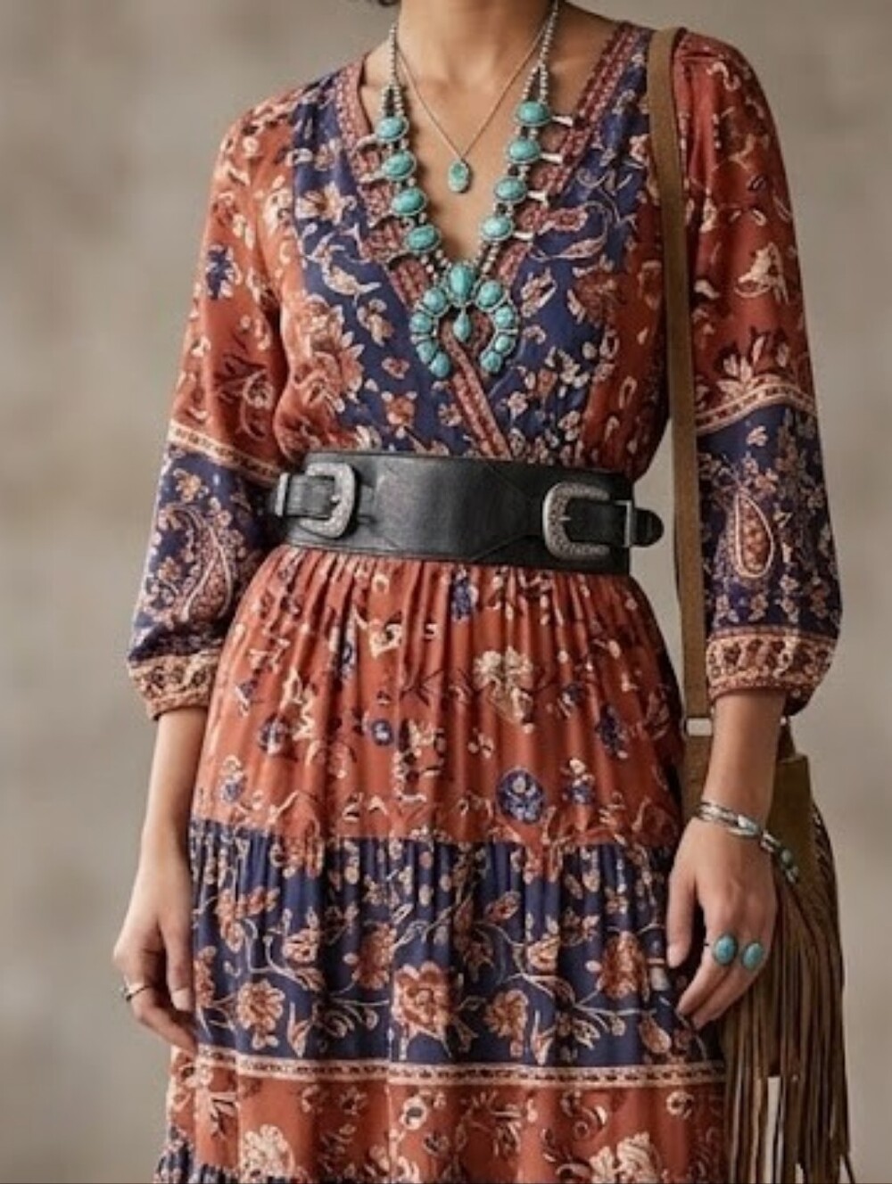 Boho Belt Western Double Buckle Black Vegan Leather Waist Belt